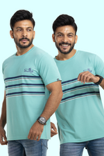 Striped Sea Green 4 Way Stretch Printed T-Shirt