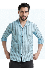 Impulse Sky Blue Full-Sleeve Printed Zigzag Cuban Collar Shirt