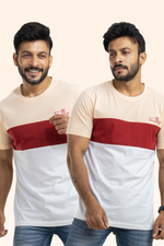 Cut & Sew Peach, Maroon & White Basic T-Shirt