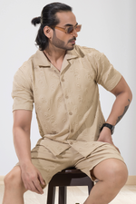 Peppy Pair Embossed Beige Half Sleeves Shirt & Shorts Co-Ord Set