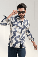 Regal Wave White & Blue Printed Corduroy Full Sleeves Shacket