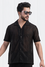 Lumina Black Cuban Collared Crochet Half Sleeves Shirt