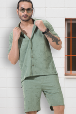 Peppy Pair Embossed Olive Half Sleeves Shirt & Shorts Co-Ord Set