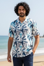 Nova White Floral Printed Corduroy Cuban Collar Half Sleeves Shirt