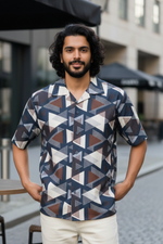 Bloom Breeze Navy Printed Corduroy Cuban Collar Half Sleeves Shirt