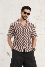 Zigzag Flair Maroon Cuban Collar Cotton Jacquard Shirt
