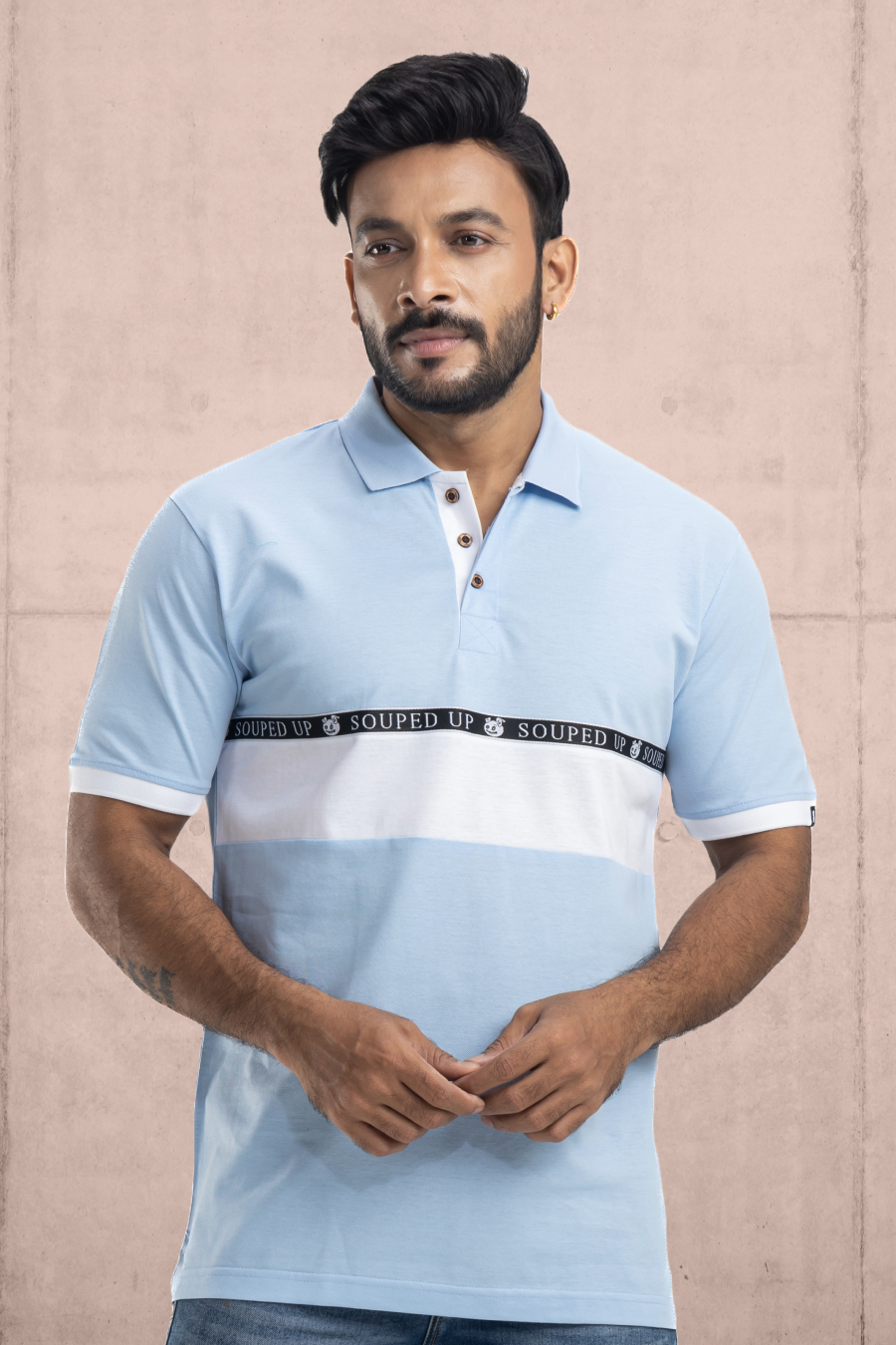 Cut & Sew Sky Blue Half Sleeves Cotton Polo T-Shirt