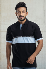 Cut & Sew Black Half Sleeves Cotton Polo T-Shirt