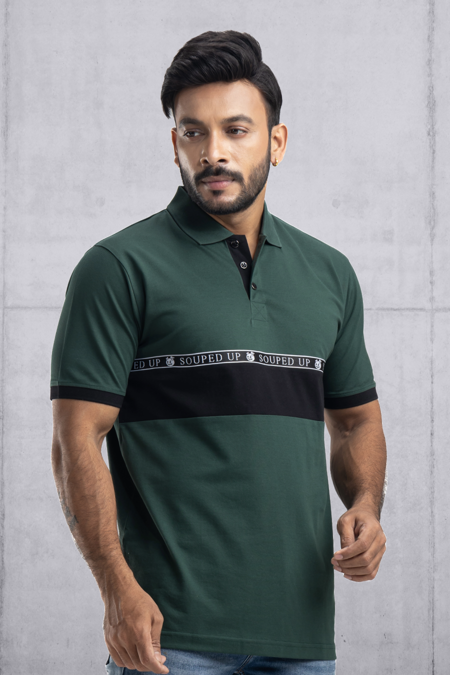 Cut Sew Bottlegreen Half Sleeves Cotton Polo T-Shirt