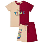 One Time Maroon & Beige Printed Boys T-Shirt with Shorts 2-8 Yrs