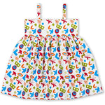 White All Over Printed Strap Knot Girls Dress 2-8 Yrs