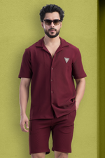 Cosmic Maroon Half Sleeves Shirt & Shorts Corduroy Co-Ord Set