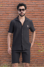 Cosmic Deep Charcoal Half Sleeves Shirt & Shorts Corduroy Co-Ord Set