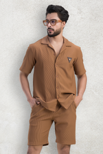Cosmic Light Brown Half Sleeves Shirt & Shorts Corduroy Co-Ord Set