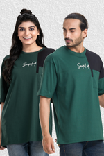 Cut & Sew Bottlegreen Unisex Oversized Printed T-Shirt