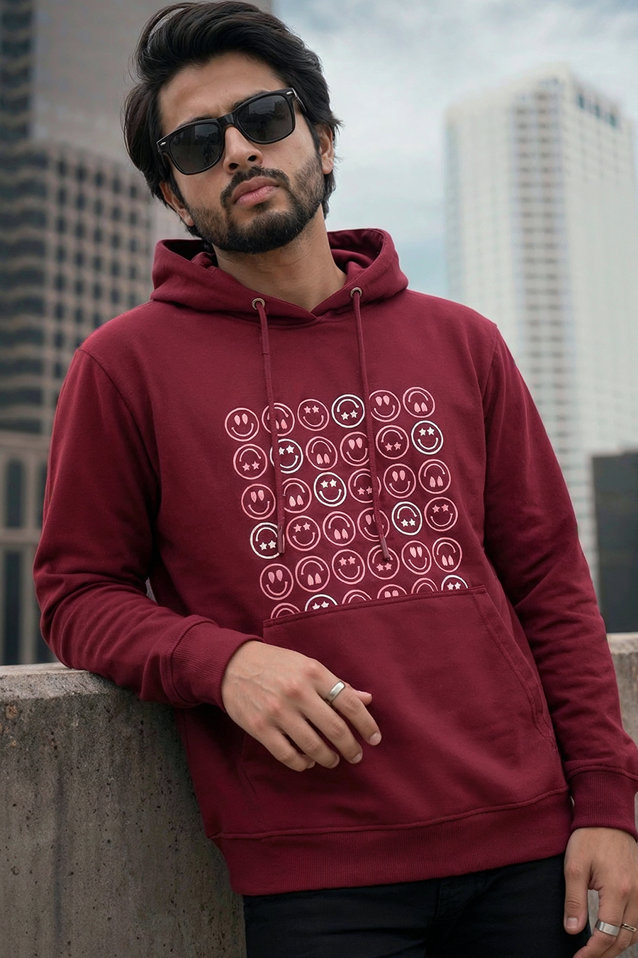 Happy-Go-Lucky Maroon Printed Full Sleeves Unisex Hoodie