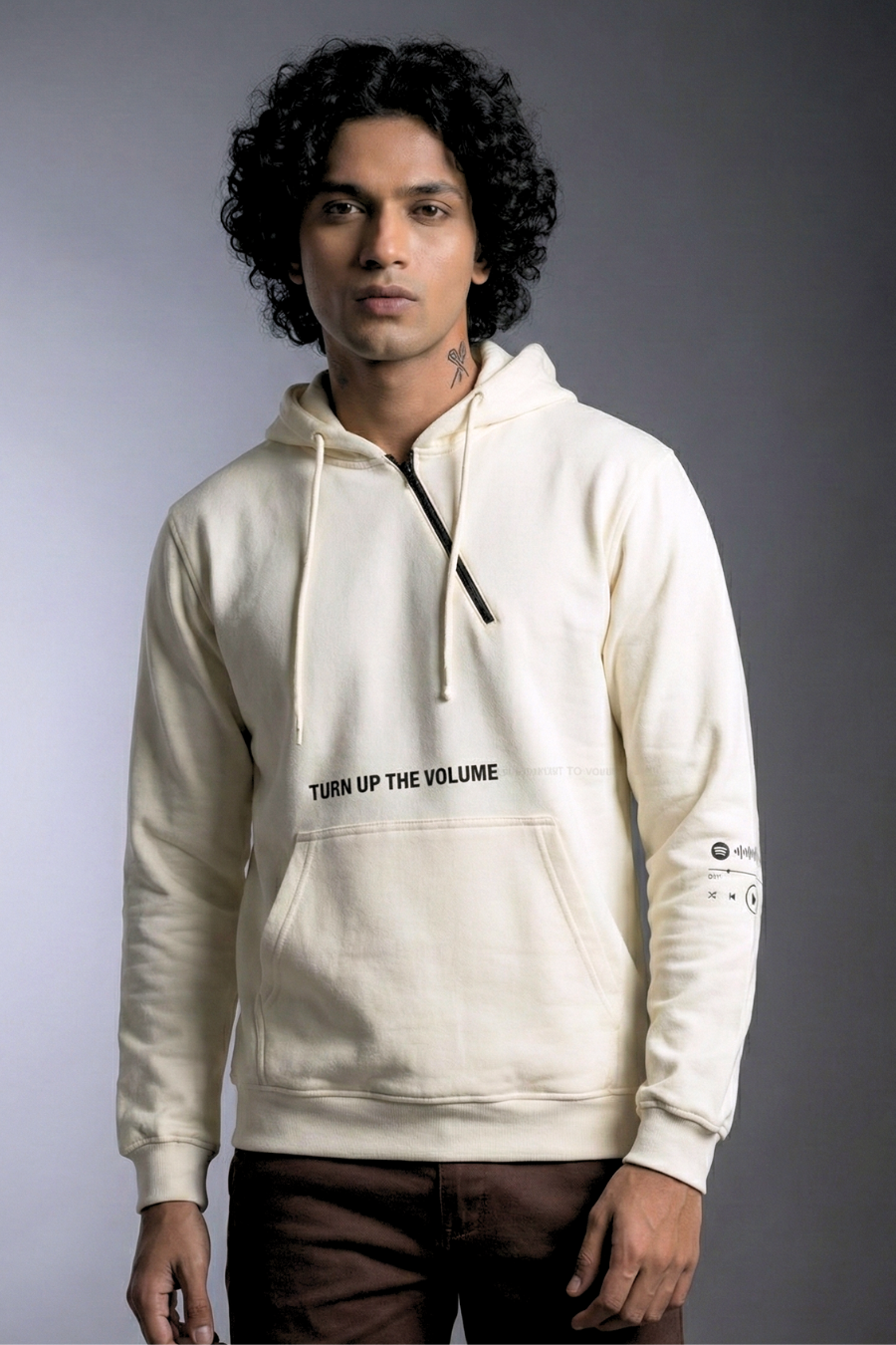 Turn Up the Volume Cream Printed Full Sleeves Unisex Hoodie