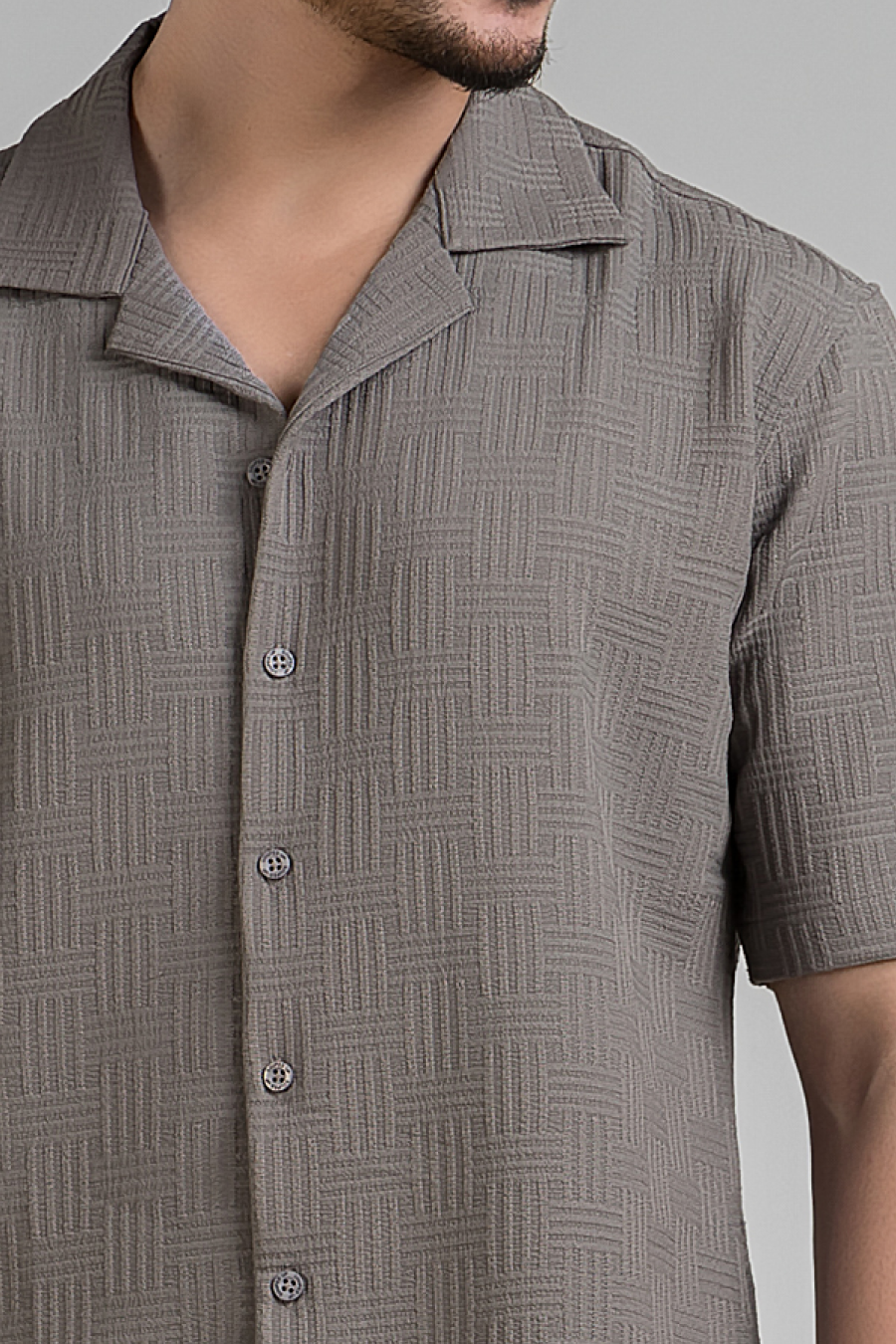 Grey Half Sleeve Textured Shirt with Cuban Collar