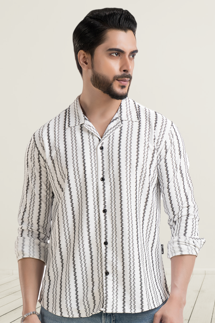 Impulse White Full-Sleeve Printed Zigzag Cuban Collar Shirt