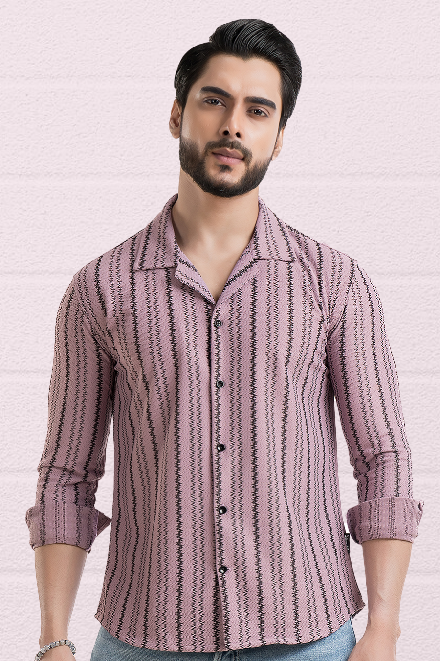 Impulse Lavender Full-Sleeve Printed Zigzag Cuban Collar Shirt