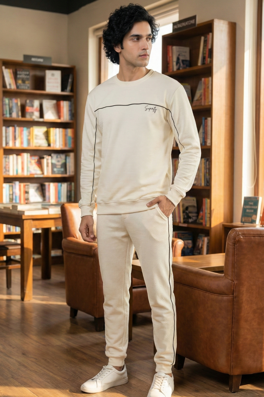 Dapper Tranquil Cannoli Cream Cotton Sweatshirt & Joggers Co-Ord Set