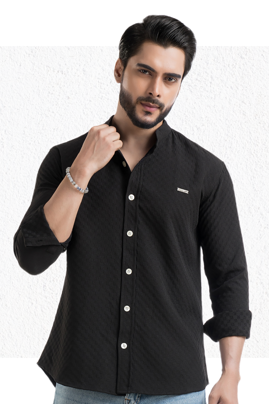 Stride Black Full-Sleeve Mandarin Collar Shirt