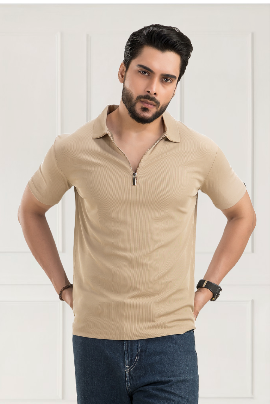 Opulent Solid Dark Beige Half Sleeves Polo T-shirt