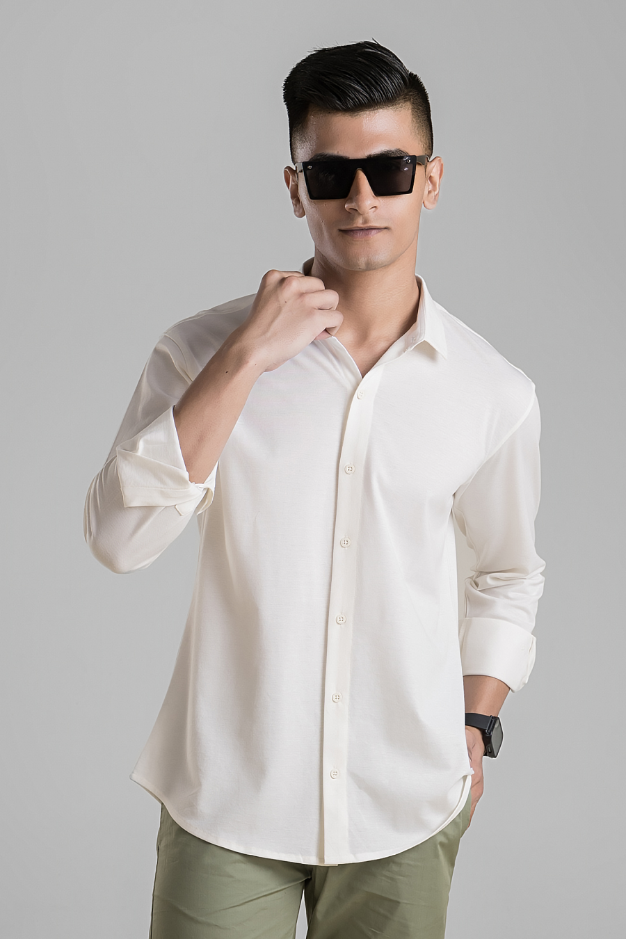 Signature White Solid Mercerised Piqué Cotton Shirt