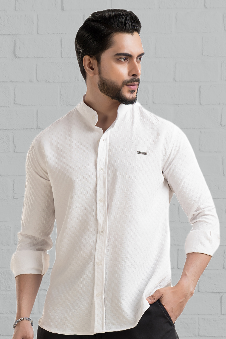 Stride White Full-Sleeve Mandarin Collar Shirt