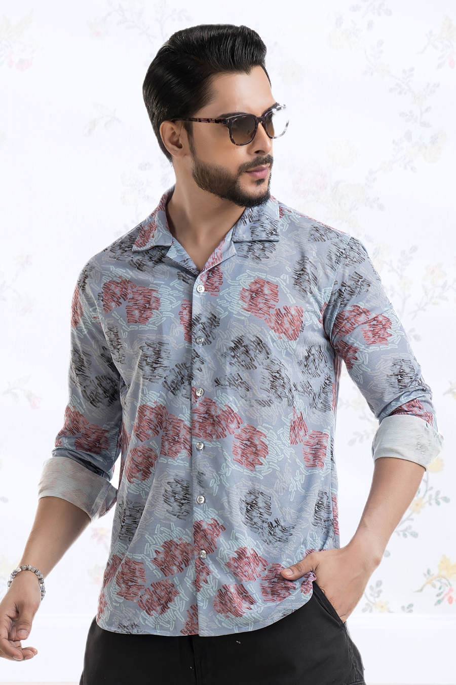 Drift Blue Full-Sleeve Abstract Printed Cuban Collar Shirt