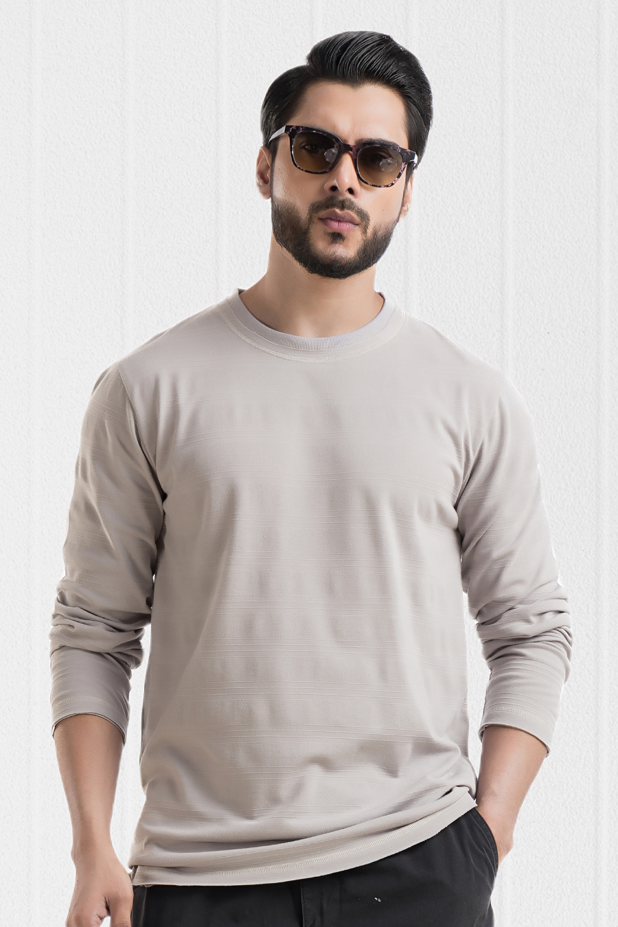 Evoque Textured Full-Sleeve Grey T-Shirt – Raw Edge in Structured Fabric