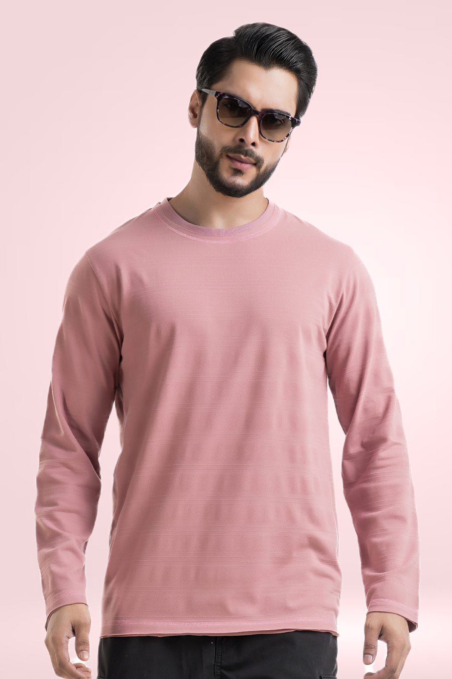 Evoque Textured Full-Sleeve Peach T-Shirt – Raw Edge in Structured Fabric