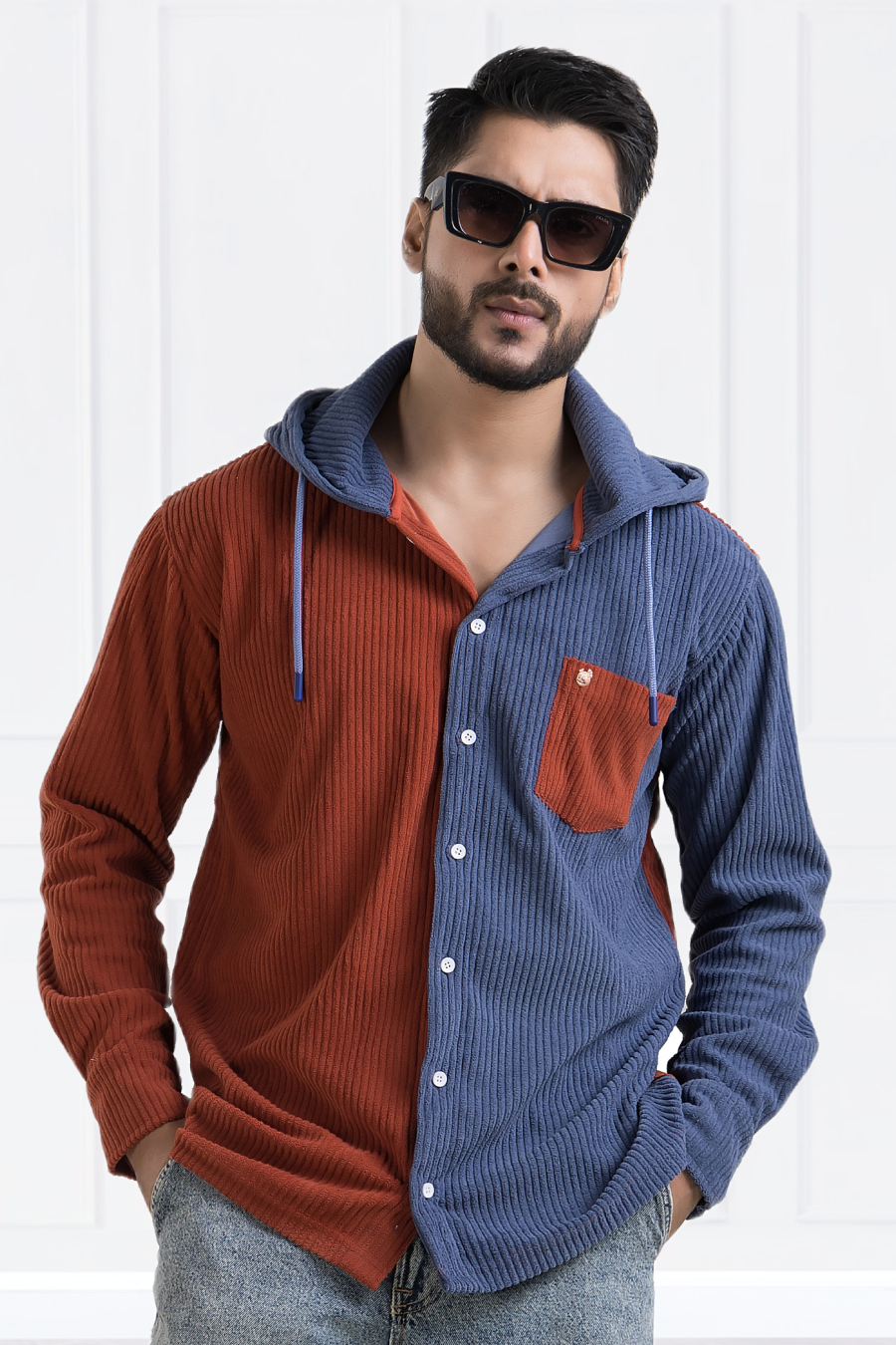 Urbanist Rust & Blue Dual-Color Corduroy Hooded Shacket