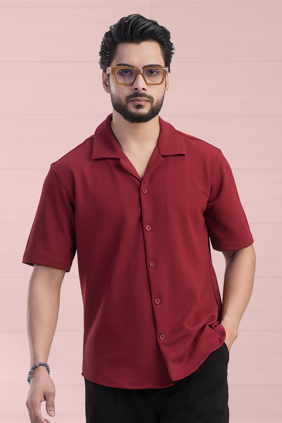 Radiant Revelry Solid Maroon Cuban Collared Half Shirt