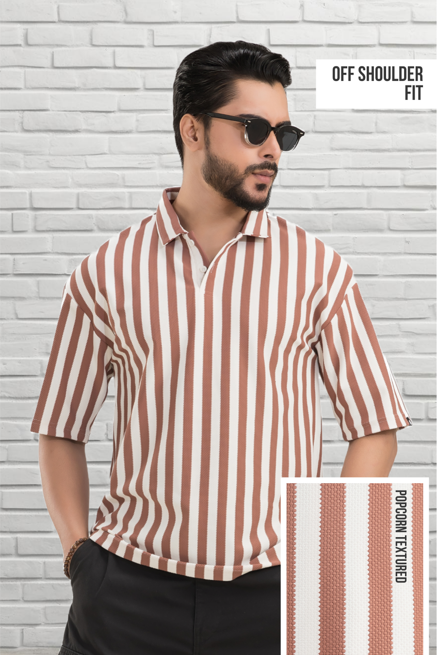 Imperial Rust Striped Off Shoulder Polo T-Shirt