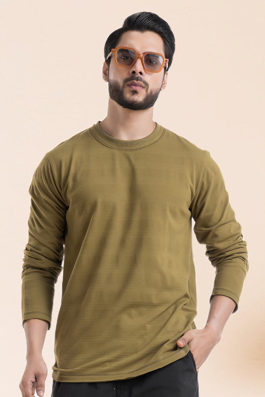 Evoque Textured Full-Sleeve Olive T-Shirt – Raw Edge in Structured Fabric