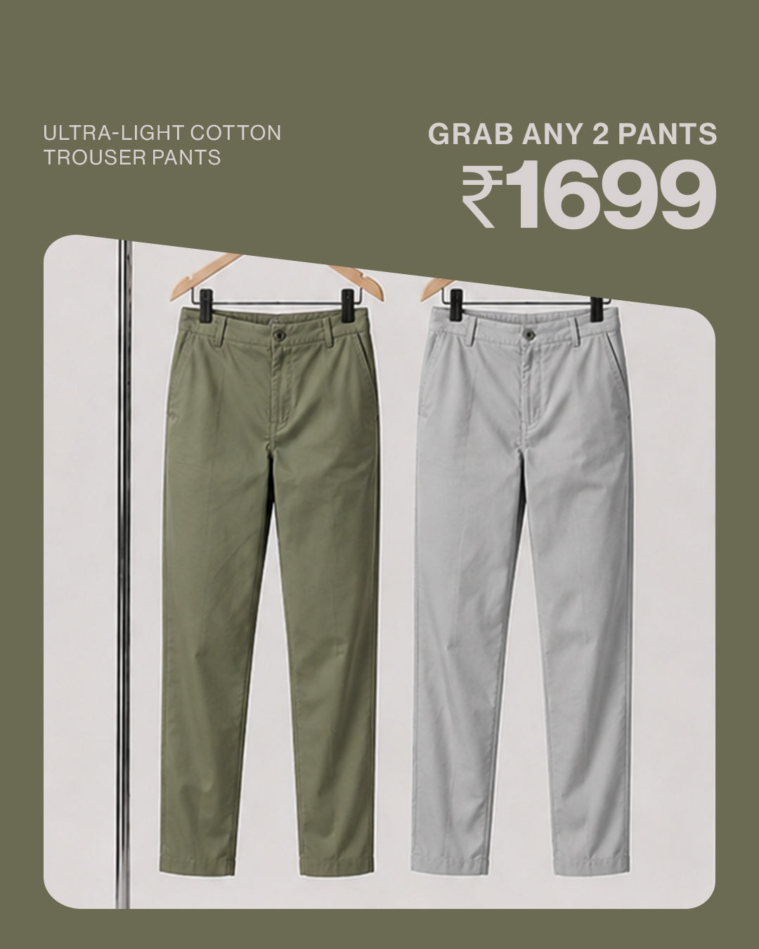 Pure Comfort Ultra-Light Trouser Pants – Light Olive & Light Grey Combo