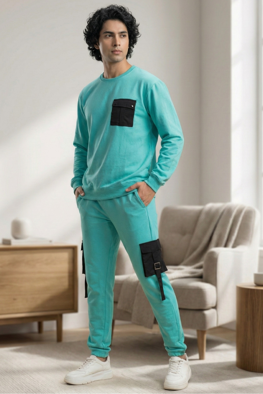 Elite Urbane Blue Turquoise Cotton Elastane Sweatshirt & Joggers Co-Ord Set