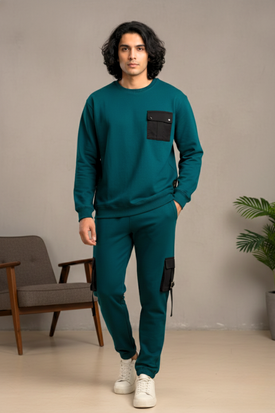 Elite Urbane Bottlegreen Cotton Elastane Sweatshirt & Joggers Co-Ord Set