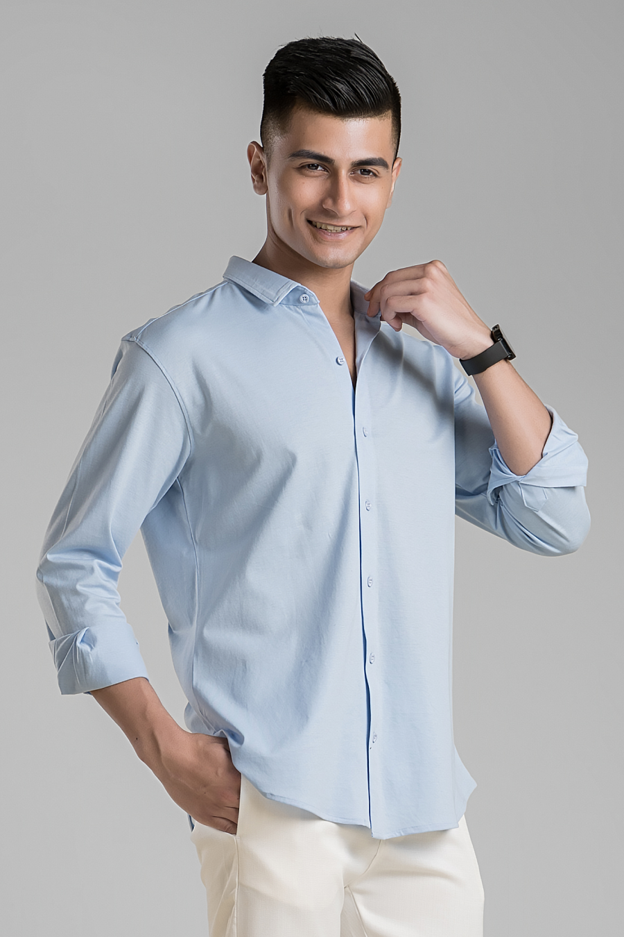 Signature Sky Blue Solid Mercerised Piqué Cotton Shirt