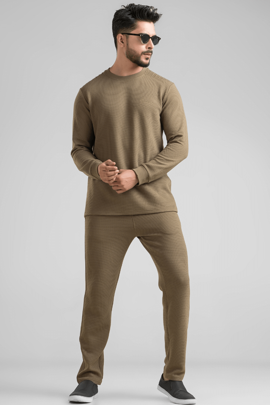 Dark Olive Waffle Knit Structured Co-Ord Set | Full T-Shirt & Pant