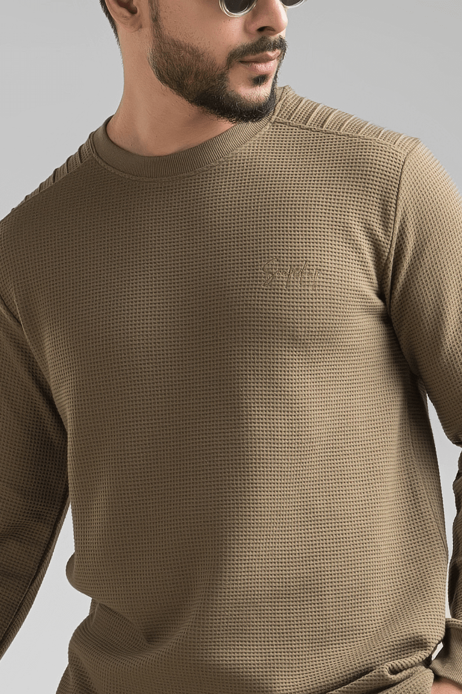 Dark Olive Waffle Knit Structured Co-Ord Set | Full T-Shirt & Pant