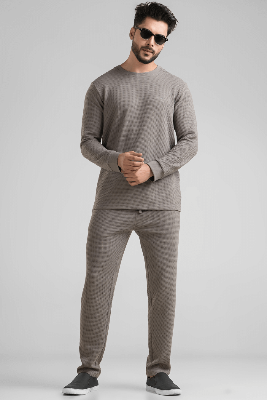 Grey Waffle Knit Structured Co-Ord Set | Full T-Shirt & Pant