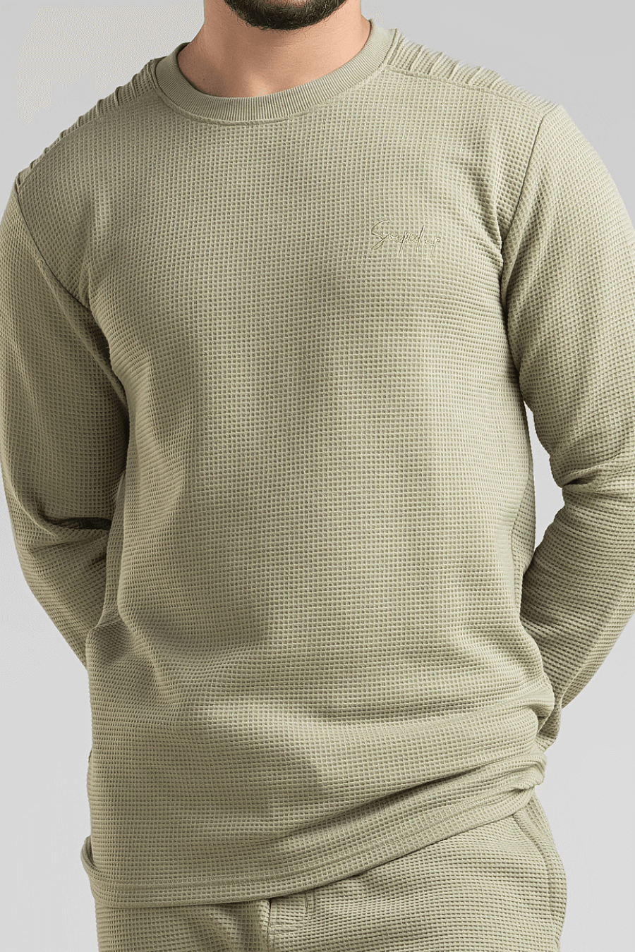 Sage Green Waffle Knit Structured Co-Ord Set | Full T-Shirt & Pant