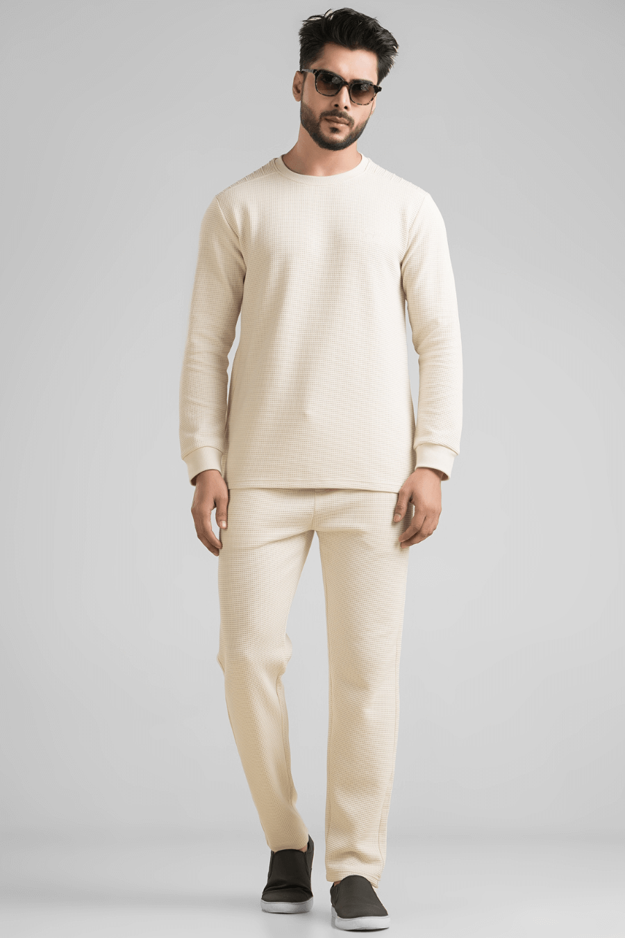 Light Beige Waffle Knit Structured Co-Ord Set | Full T-Shirt & Pant