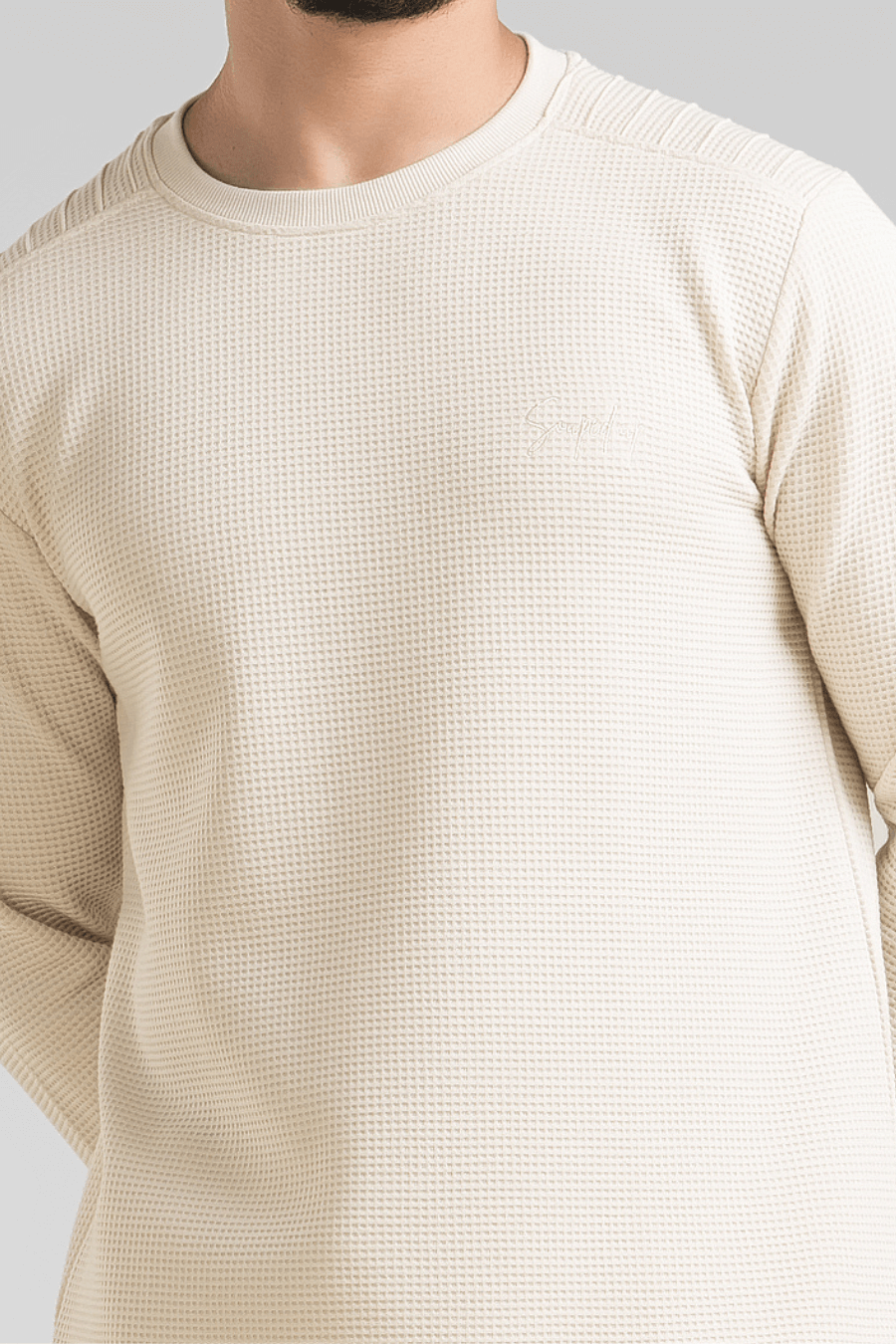 Light Beige Waffle Knit Structured Co-Ord Set | Full T-Shirt & Pant