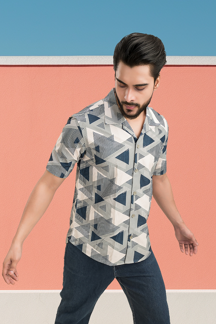 Bloom Breeze Grey Printed Corduroy Cuban Collar Half Sleeves Shirt