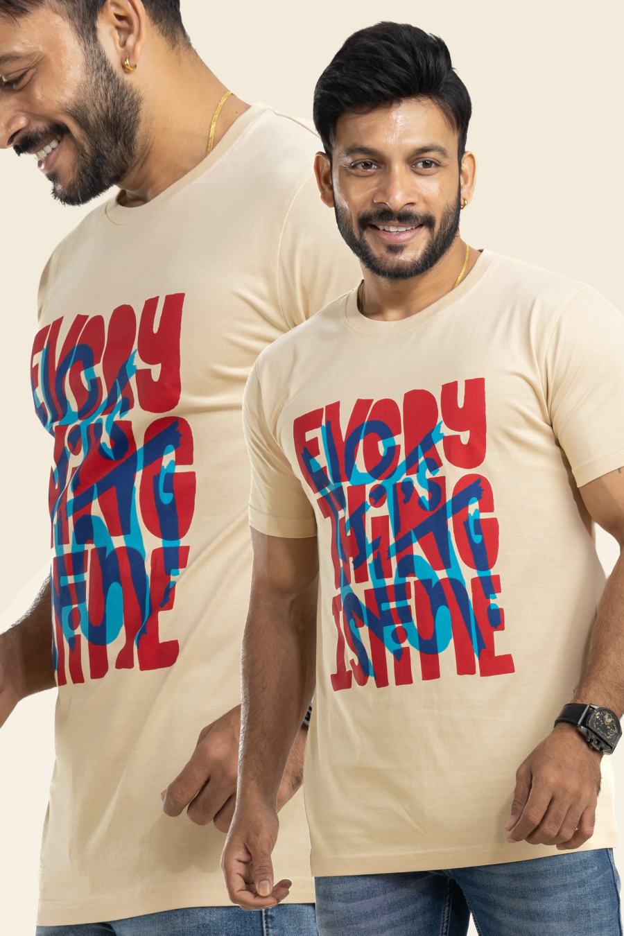 Every Thing is Fine Beige Printed T-Shirt