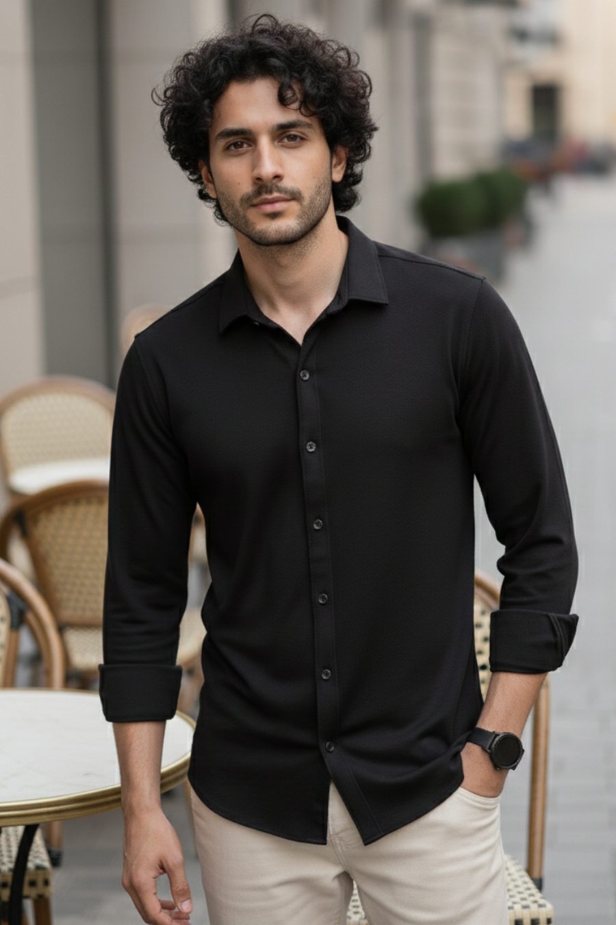 Signature Black Solid Mercerised Piqué Cotton Shirt