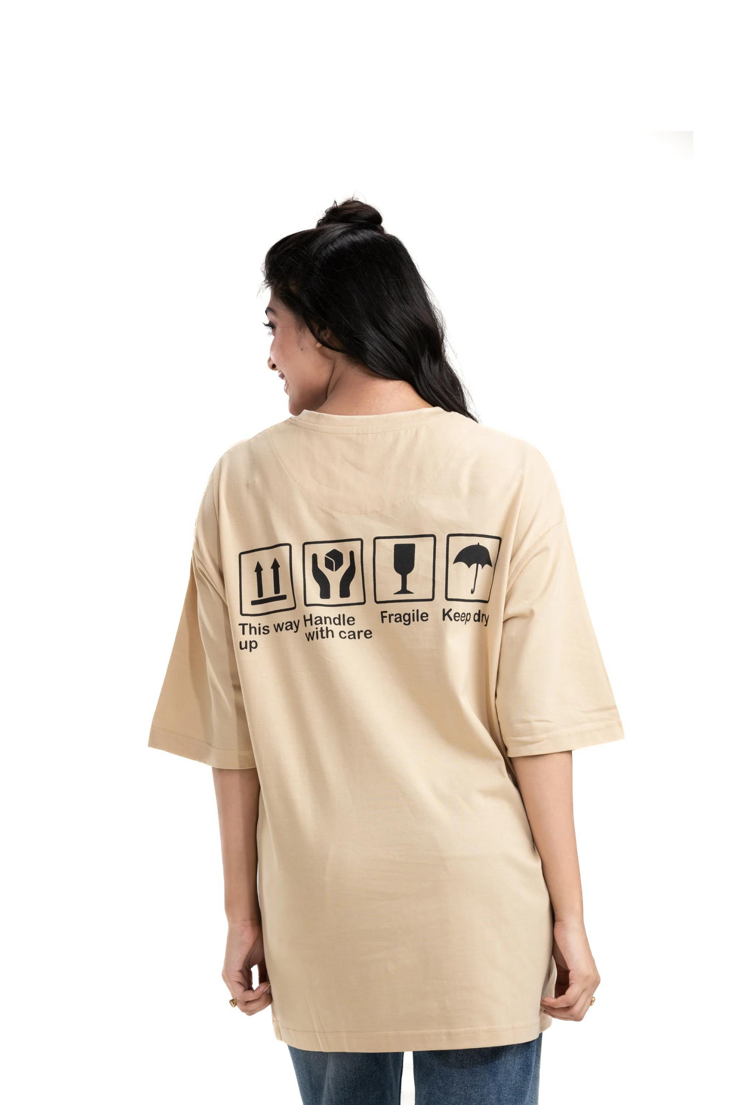 Handle with Care Beige Unisex Oversized Printed T-Shirt